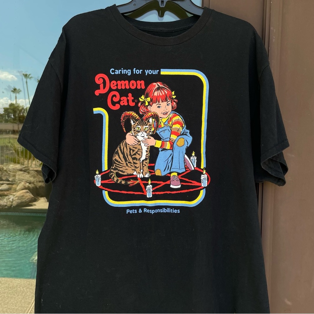 Steven Rhodes * Caring for Your Demon Cat * Black Graphic Tee XL